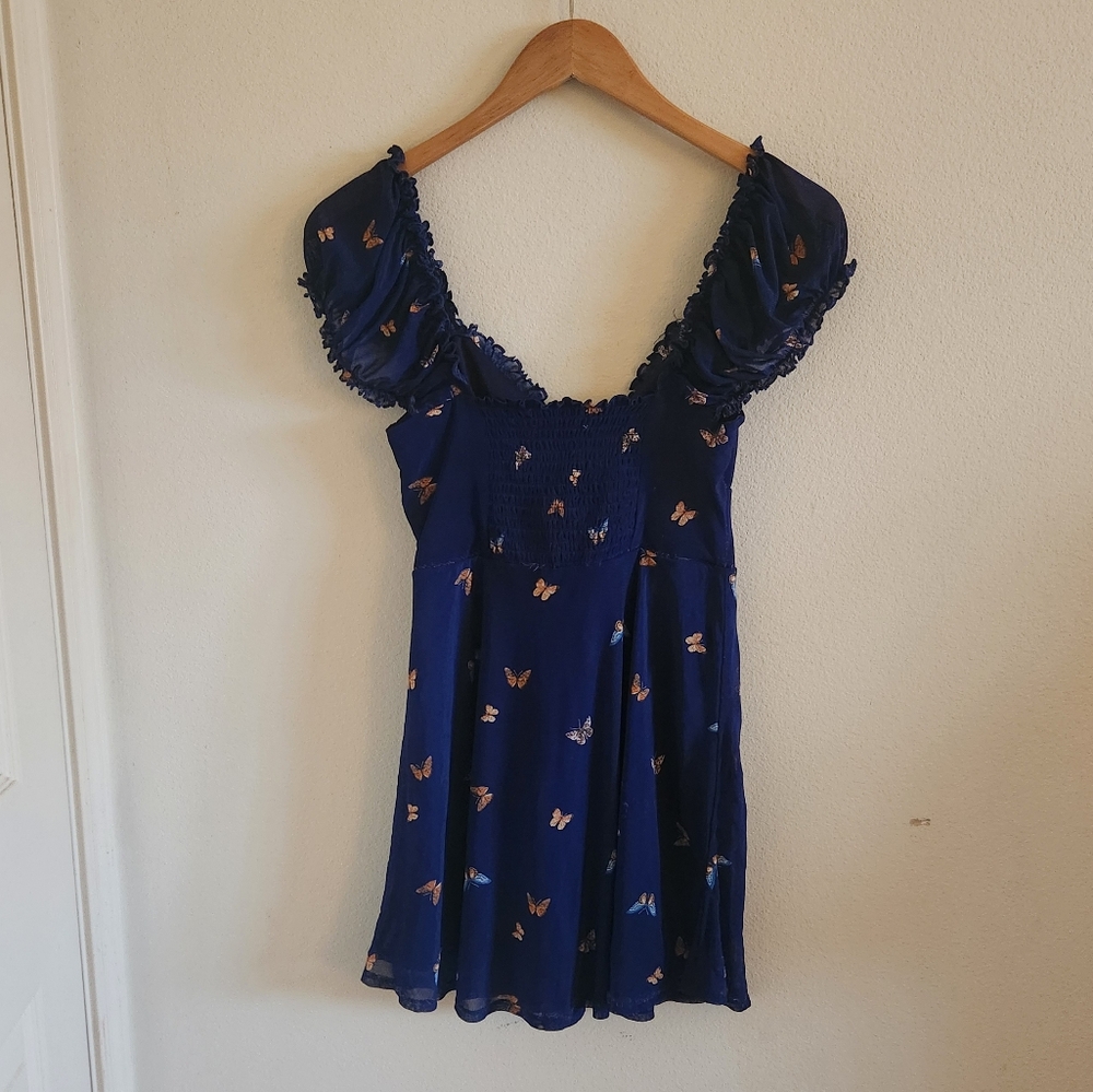 Urban outfitters blue butterfly heart neckline puffy sleeves mini dress - Picture 2 of 6